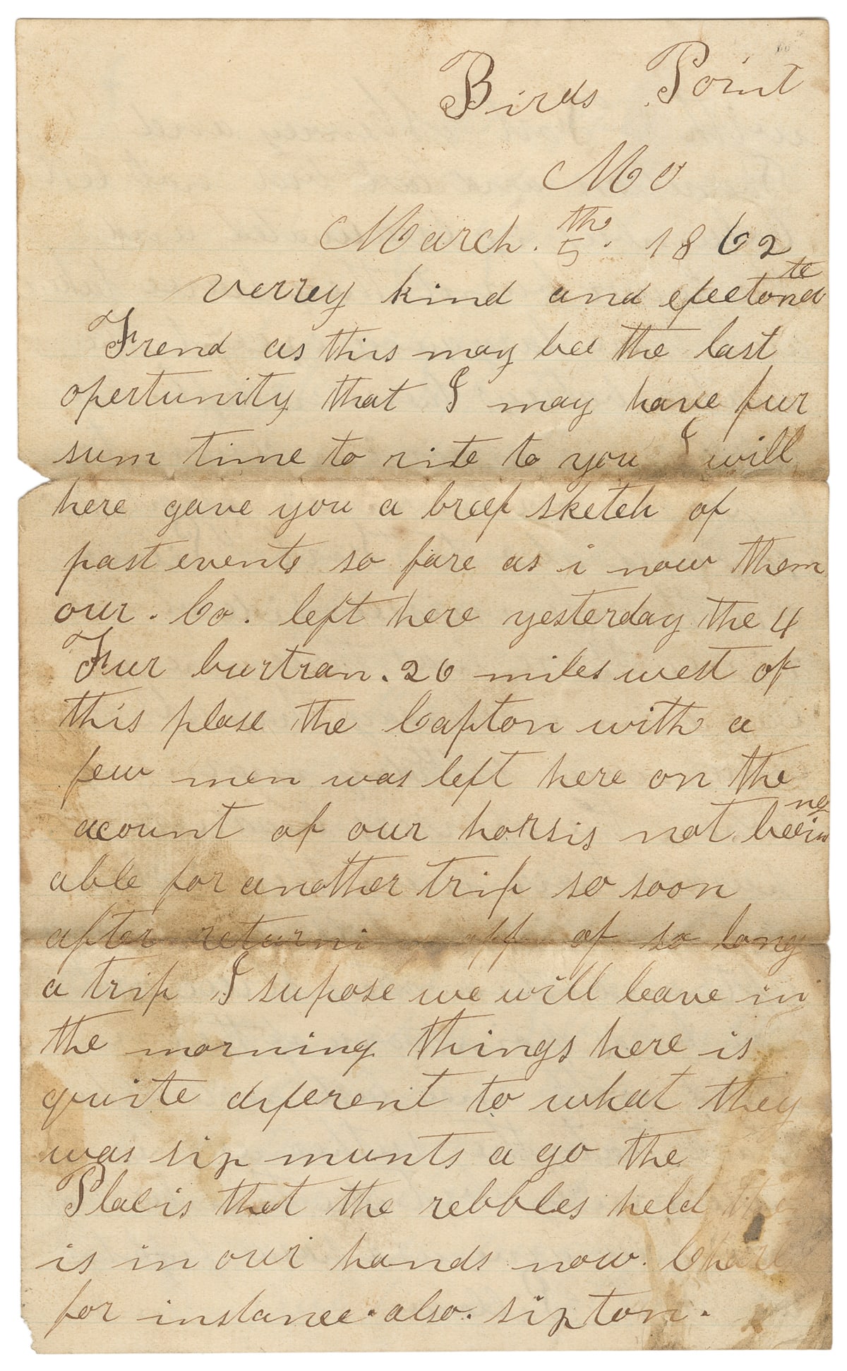 [CIVIL WAR]. Letter from W.D. Claybourn, Bird’s Point, Mo. ... (1 of 2)