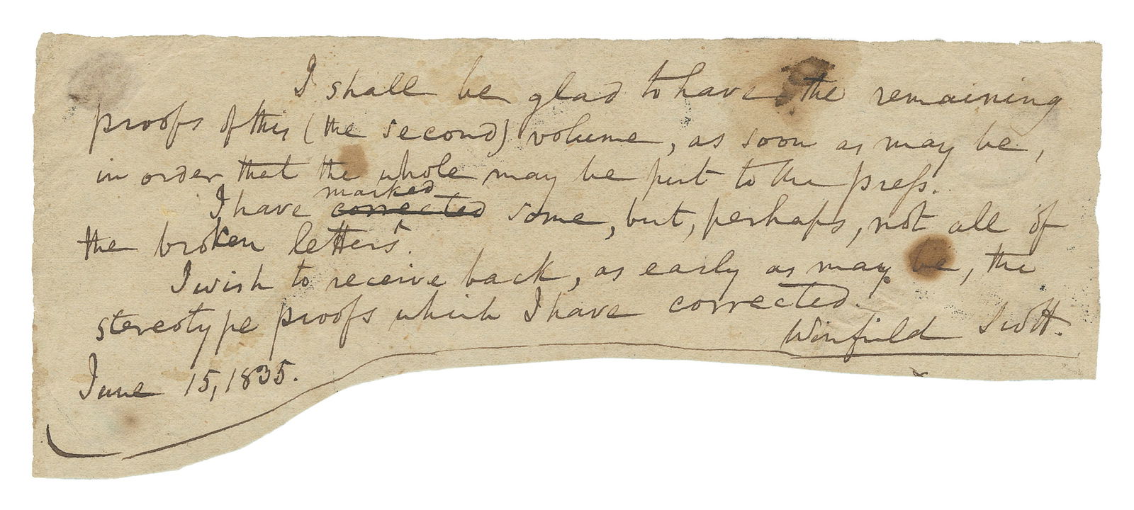 SCOTT, Winfield (1786 – 1866). Autograph letter signed. N.p... (1 of 2)