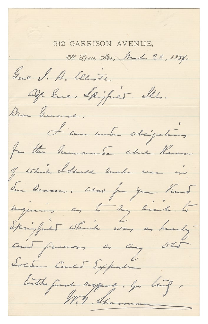 SHERMAN, William T. (1820 – 1891). Autograph letter signed.... (1 of 2)