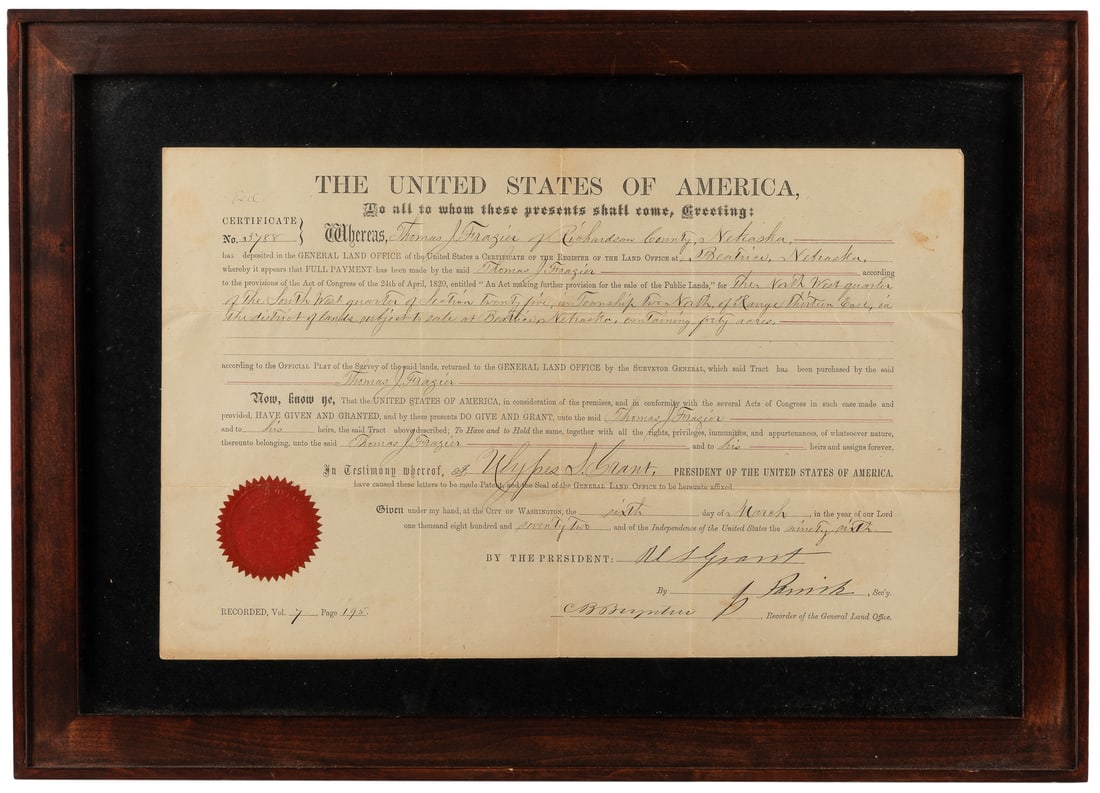 GRANT, Ulysses S. Land grant document. March 6, 1872. Parti...: GRANT, Ulysses S. Land grant document. March 6, 1872. Partially-printed document for the sale of 40 acres of land in Richardson County, Nebraska, to a Thomas J. Frazier. Secretarially signed by Presid