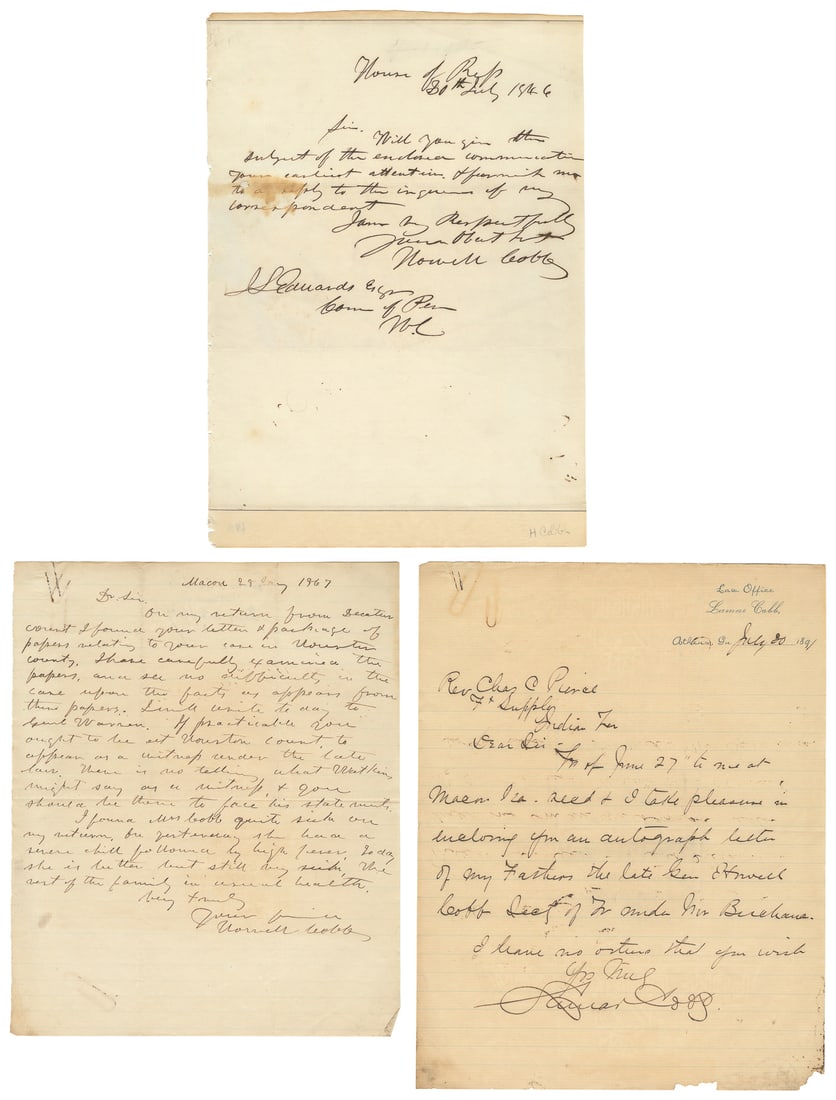 COBB, Howell (1815 – 1868). Two autograph letters signed. T... (1 of 4)