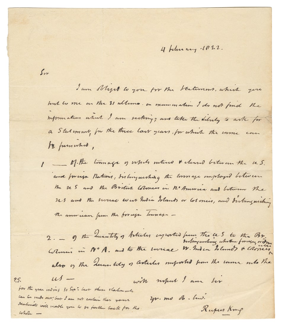 KING, Rufus (1755 – 1827). Autograph letter signed. N.p.: 4...: KING, Rufus (1755 – 1827). Autograph letter signed. N.p.: 4 February 1822. One page, on a sheet of Willmot 1819 watermarked paper. King requests statements “of the tonnage of vessels enter
