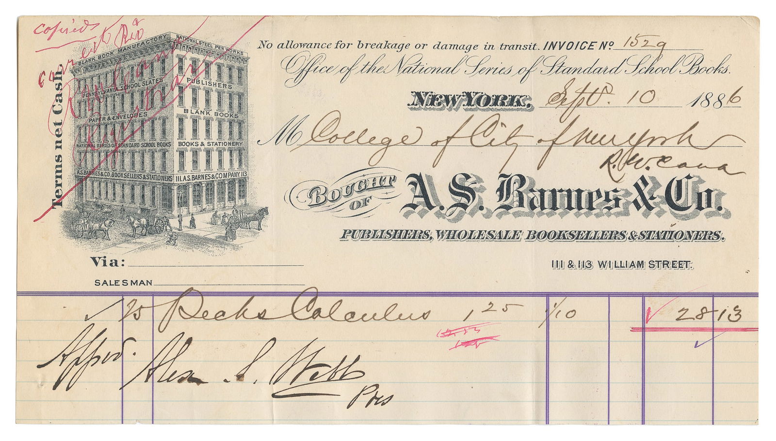 WEBB, Alexander (1835 – 1911). Signed document. New York: S... (1 of 1)