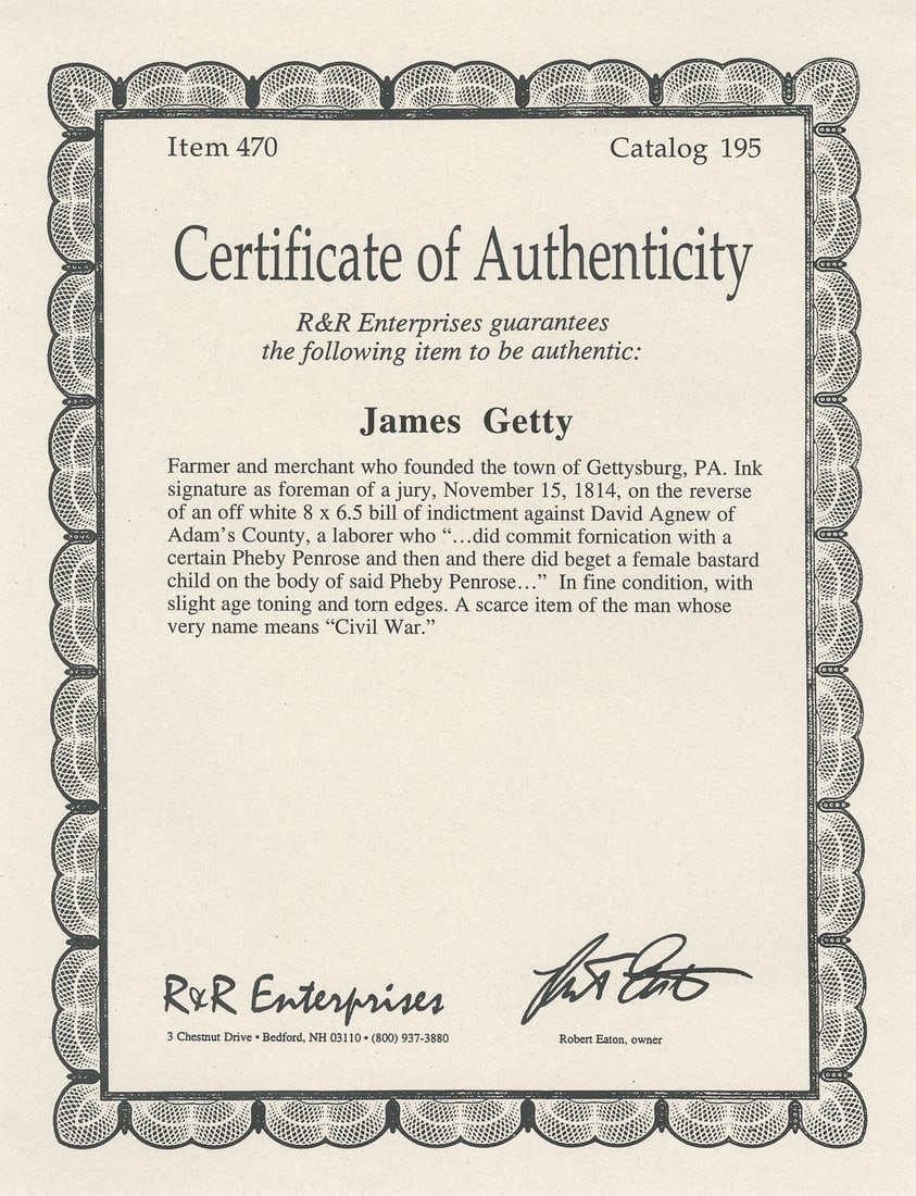 [GETTYSBURGH]. GETTYS, James (1759 – 1815). Document signed... - 3