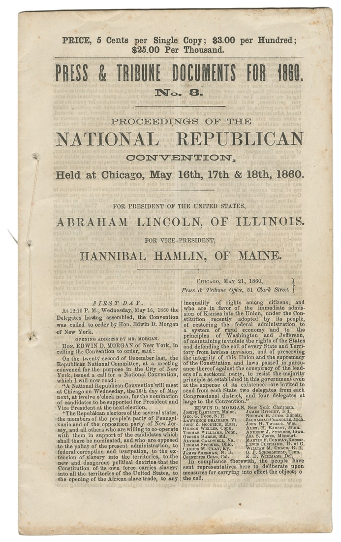 [LINCOLN, Abraham (1809-1865)]. Press & Tribune Documents f... (1 of 1)