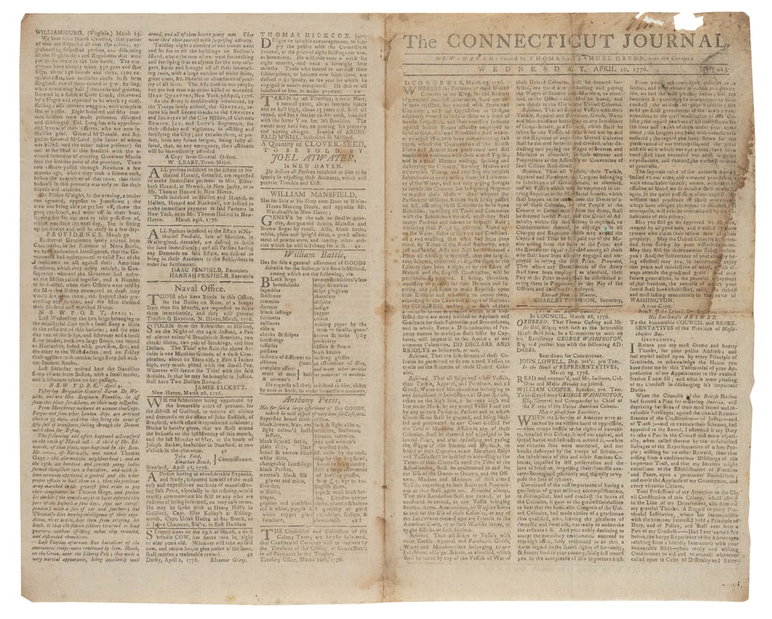 [REVOLUTIONARY WAR]. The Connecticut Journal. April 10, 177... (1 of 1)