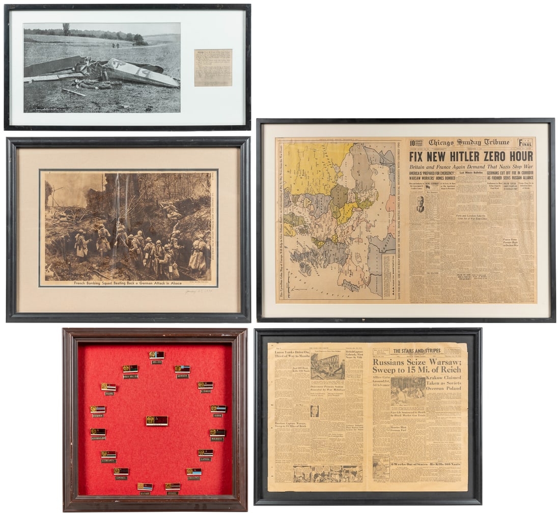 Collection of Soviet Union badges. 20th century. Sixteen ba...: Collection of Soviet Union badges. 20th century. Sixteen badges, with a pin for the Soviet Union and 15 member states (Russia, Georgia, Estonia, Latvia, et al.). On a red felted backing, framed (no gl