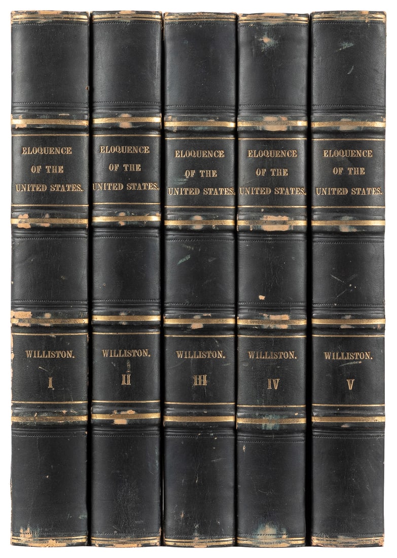 WILLISTON, E.V. (compiler). The Eloquence of the United Sta...: WILLISTON, E.V. (compiler). The Eloquence of the United States. Middletown: E. & H. Clark, 1827. Five volumes, 8vo. Later 19th century quarter leather. Scattered spotting and light foxing, but overall