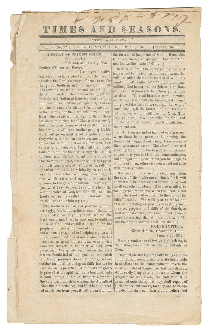 [MORMON]. “Times and Seasons” including related to Joseph S...: [MORMON]. “Times and Seasons” including related to Joseph Smith’s assassination. Including: Vol. V No 22 issue of Times and Seasons (Nauvoo: Dec. 1, 1844) containing “History o