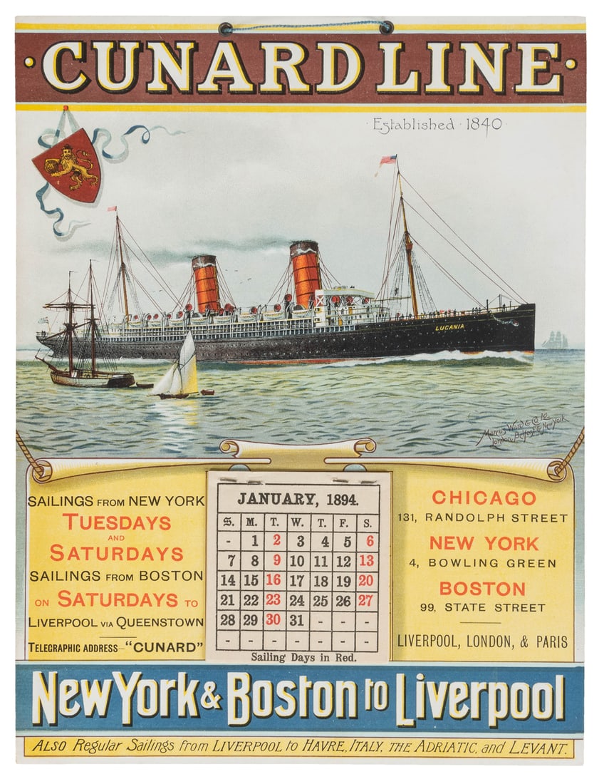 Cunard Line 1894 Calendar. London, Belfast & New York: Marc...: Cunard Line 1894 Calendar. London, Belfast & New York: Marcus Ward & Co. Color chromolithograph calendar, on cardstock, with grommets and string hanger at top as issued. With an illustration of the RM