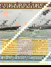 Cunard Line 1894 Calendar. London, Belfast & New York: Marc...: Cunard Line 1894 Calendar. London, Belfast & New York: Marcus Ward & Co. Color chromolithograph calendar, on cardstock, with grommets and string hanger at top as issued. With an illustration of the RM