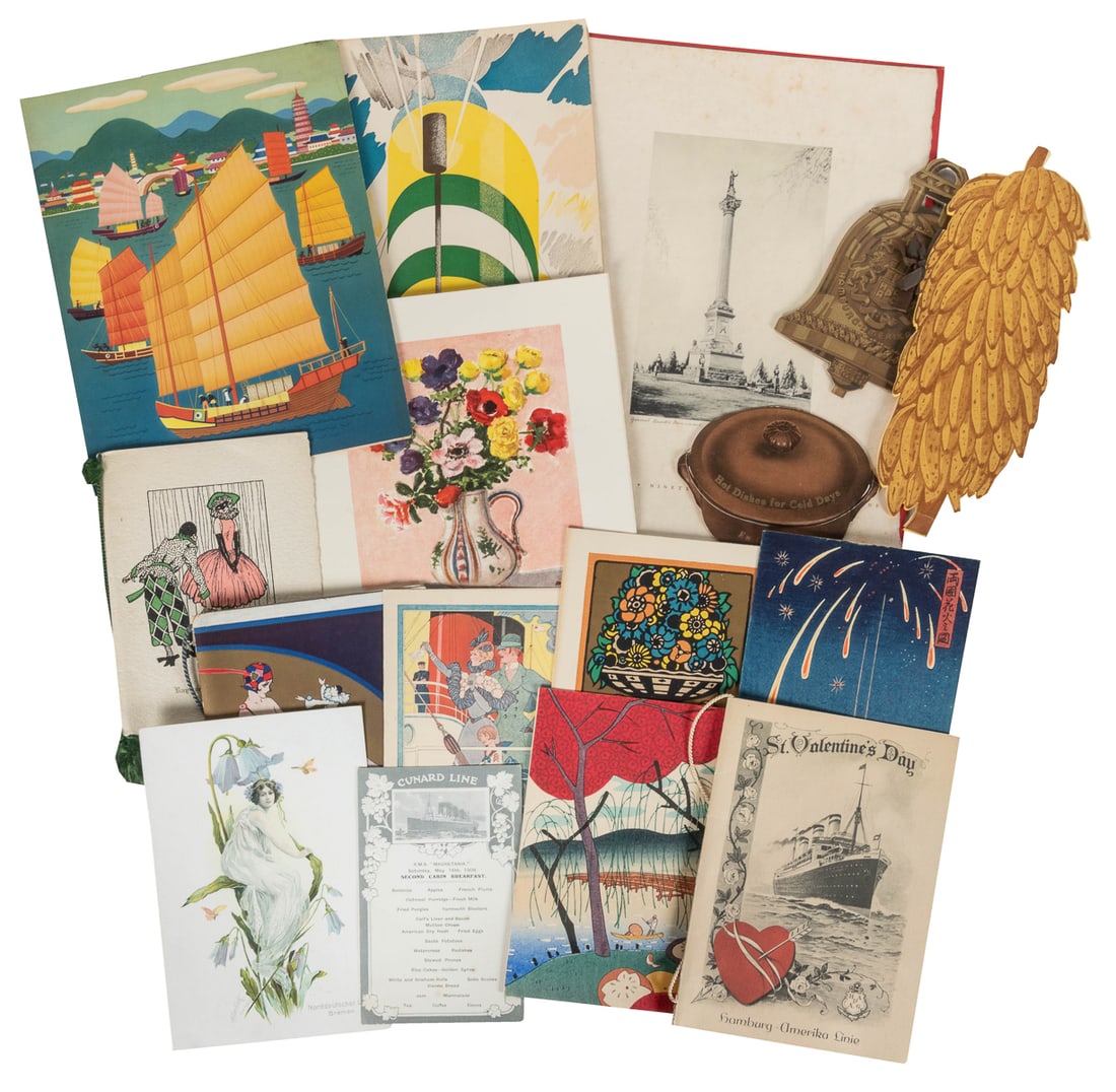 [MENUS]. Collection of over 45 menus, most from cruise line...: [MENUS]. Collection of over 45 menus, most from cruise liners. 1901-1956. Bulk 1920s-1930s. 42 from cruise liners and 4 from restaurants. Includes Valentines Day Banquet at The Waldorf-Astoria (1901);