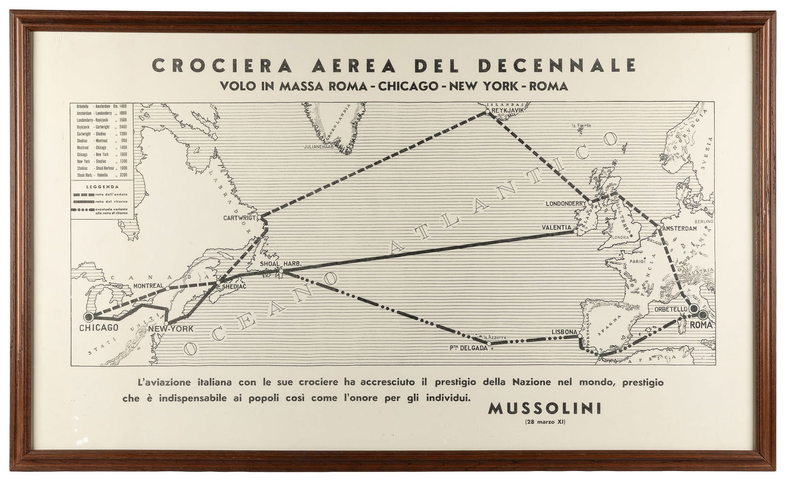 [AVIATION MAP]. Crociera Aerea del Decennale vollo in massa...: [AVIATION MAP]. Crociera Aerea del Decennale vollo in massa Rome-Chicago-New York-Roma. [Italy], ca. 1932-33. Horizontal map outlining the route of the Decennail Aerial Cruise, a mass transatlantic fl