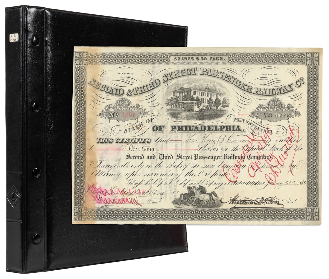 [RAILROADIANA]. Collection of 66 stock certificates, many P...: [RAILROADIANA]. Collection of 66 stock certificates, many Philadelphia. American, ca. 1840s-1950s. Collection of engraved stocks in various American railroad companies from as early as the 1840s. With