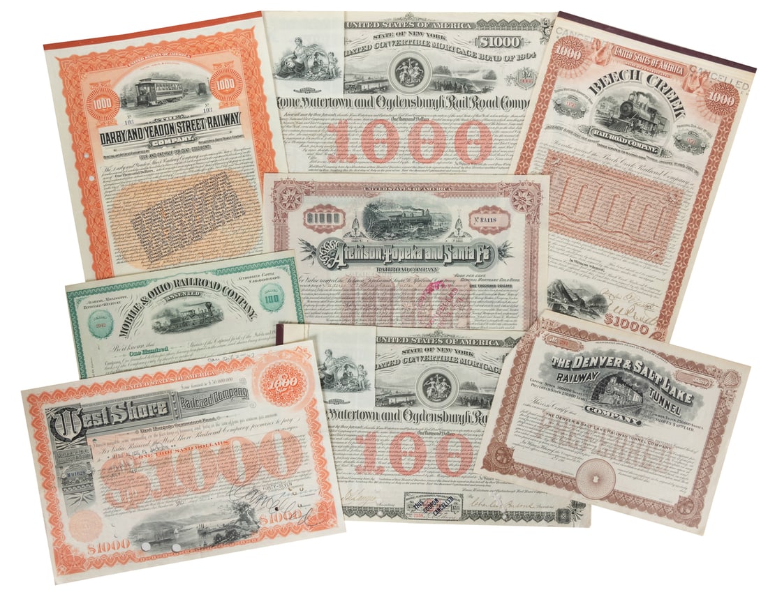 [STOCKS]. Group of 25 railway stocks and bonds. Circa 19th ... (1 of 1)