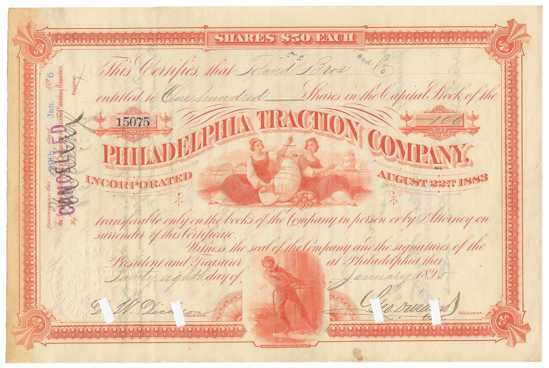 [TITANIC]. Stock certificate signed by George Dunton Widene...: [TITANIC]. Stock certificate signed by George Dunton Widener. 28 January 1895. Stock certificate for 100 shares in the Philadelphia Traction Company, made out to Toland Bros. and Co., signed at lower
