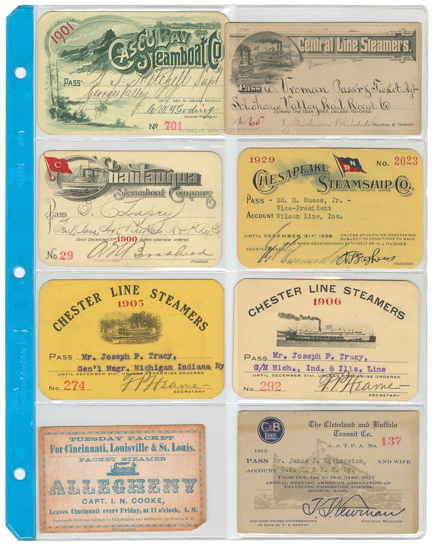 [RAILROADIANA/TRANSPORTATION]. Collection of American Railr...: [RAILROADIANA/TRANSPORTATION]. Collection of American Railroad and Steamer Passes. 1856 – 1936. Archive of over 250 passes in a binder for various railroads and steamships in the United States.