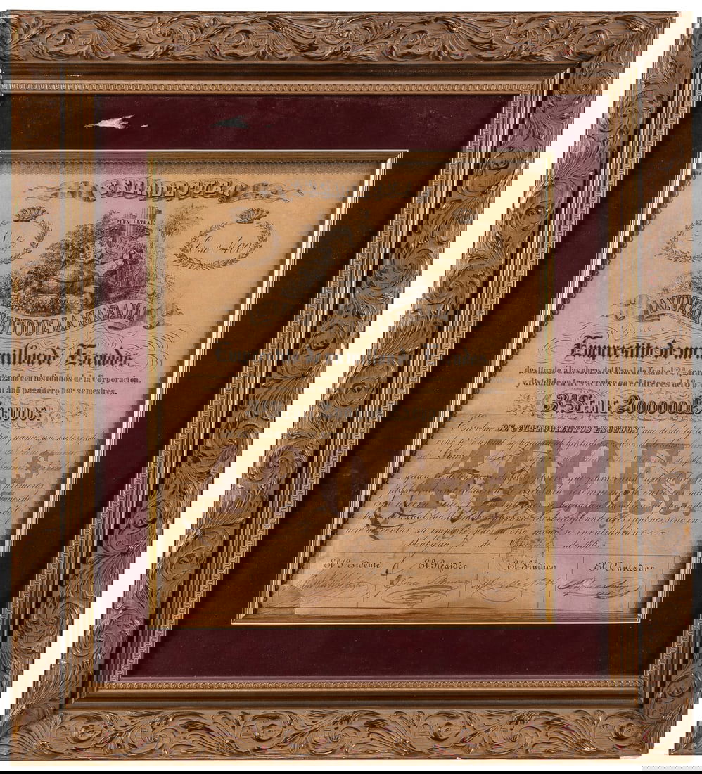 [CURRENCY]. Cuban stock certificate for 400 escudos. Havana...: [CURRENCY]. Cuban stock certificate for 400 escudos. Havana: 10 December 1865. Partially-printed document, lithographed, signed in the lower boxes. A Havana City Council loan for one million escudos f