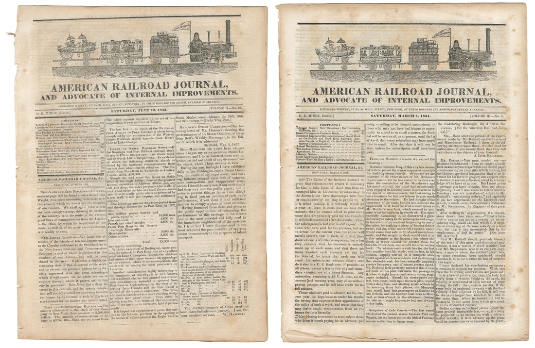 [RAILROADIANA]. American Railroad Journal and Advocate of I...: [RAILROADIANA]. American Railroad Journal and Advocate of Internal Improvements, two. New York. The first Volume II – No. 25 from Saturday, June 22, 1833, and the second Volume III – No. 9
