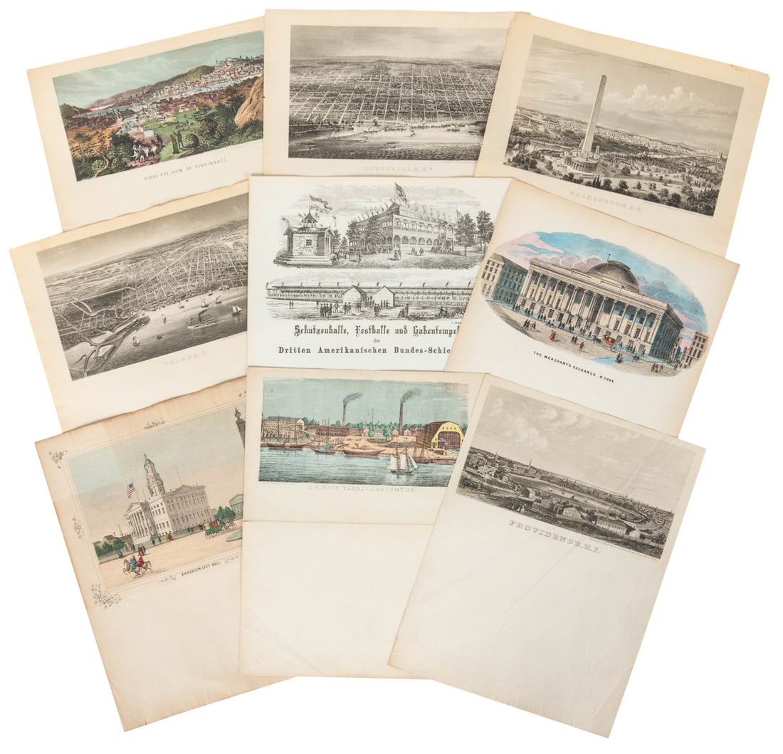 [LITHOGRAPHY]. Collection of over 100 Charles Magnus Lithog...: [LITHOGRAPHY]. Collection of over 100 Charles Magnus Lithographic Prints of America, several hand-colored. New York: ca. mid-19th century. Includes prints of city maps (Albany and Newark), patriotic i