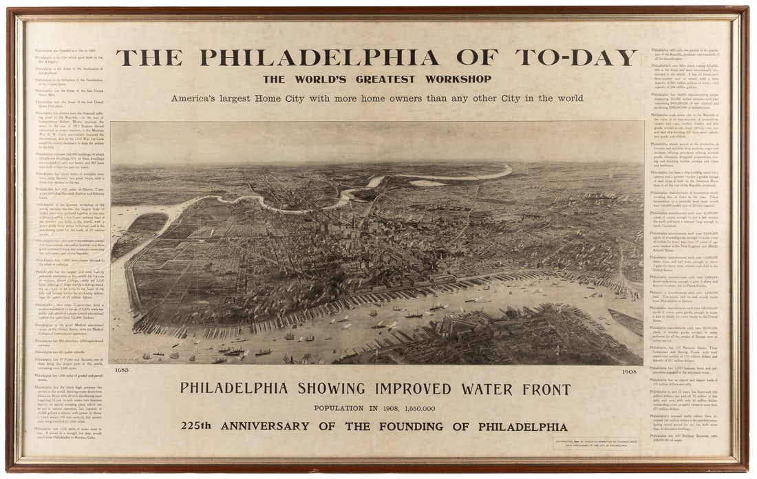 Pair of Aerial Views of Philadelphia. Including “The Philad...: Pair of Aerial Views of Philadelphia. Including “The Philadelphia of To-Day: The World’s Greatest Workshop.” Philadelphia: Executive Committee of Founders Week, 1908. Staining, margi