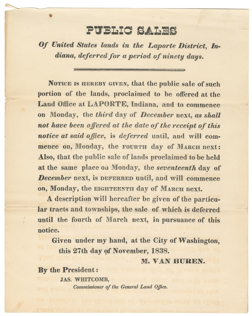 [VAN BUREN, Martin (1782 – 1862)]. Public Sales of United S... (1 of 1)