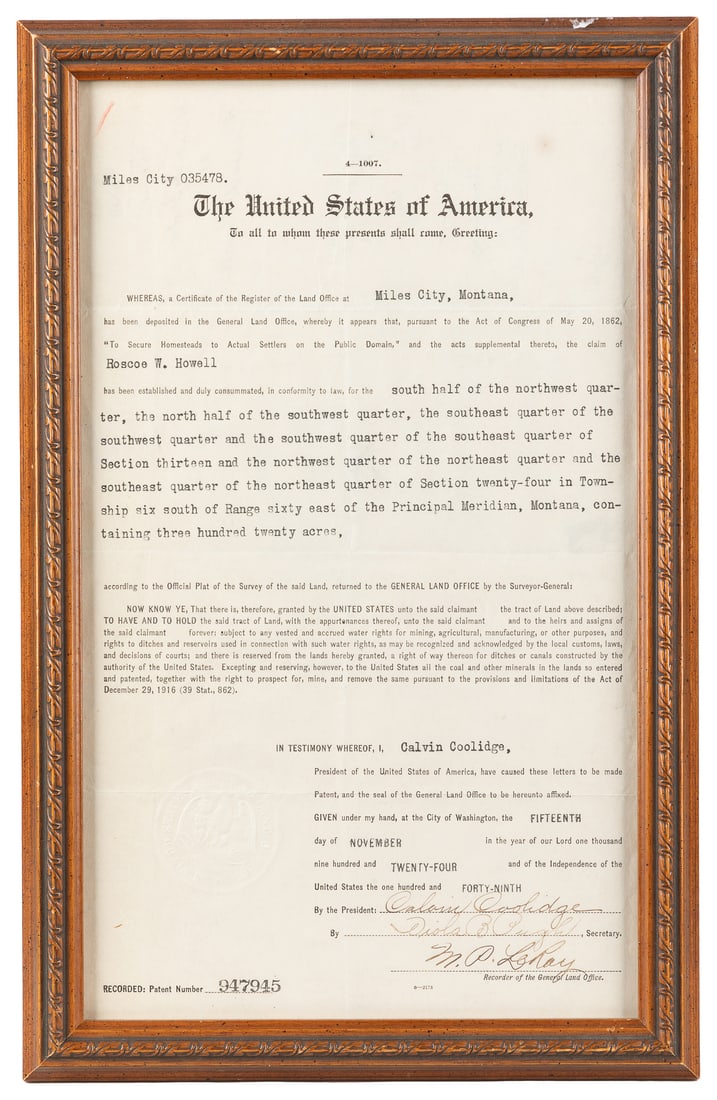 COOLIDGE, Calvin. Land grant document. Washington, D.C.: 15... (1 of 1)