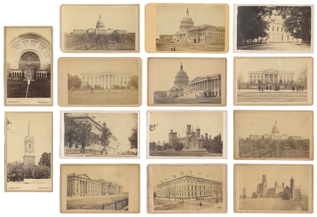[WASHINGTON, D.C.] Fourteen CDVs of the White House, U.S. C...: [WASHINGTON, D.C.] Fourteen CDVs of the White House, U.S. Capitol, and other landmarks. Circa 1860s-70s. Photographs on cardstock mounts, with views of The White House and United States Capitol with