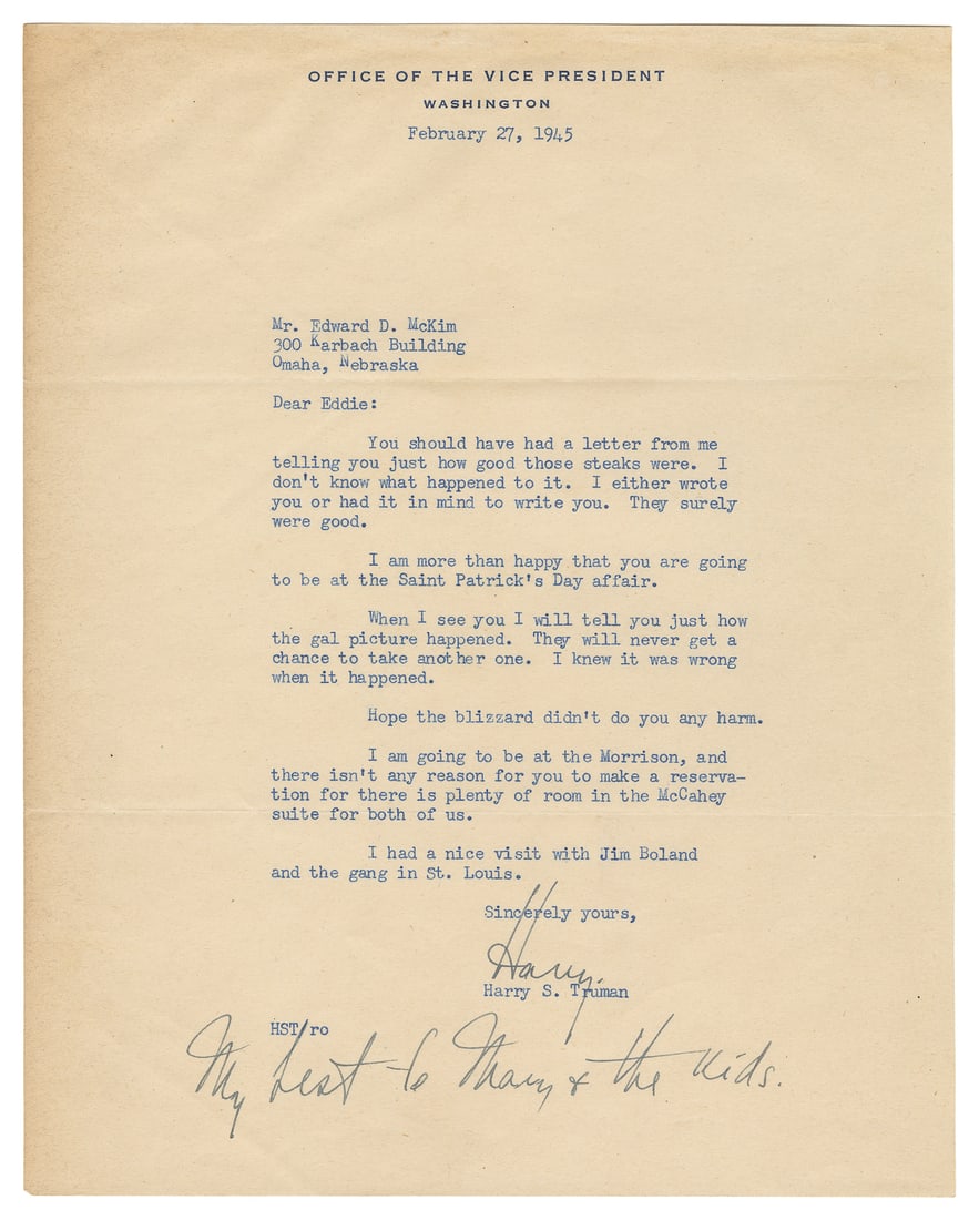 TRUMAN, Harry. TLS (“Harry”) as Vice President. Washington:... (1 of 1)