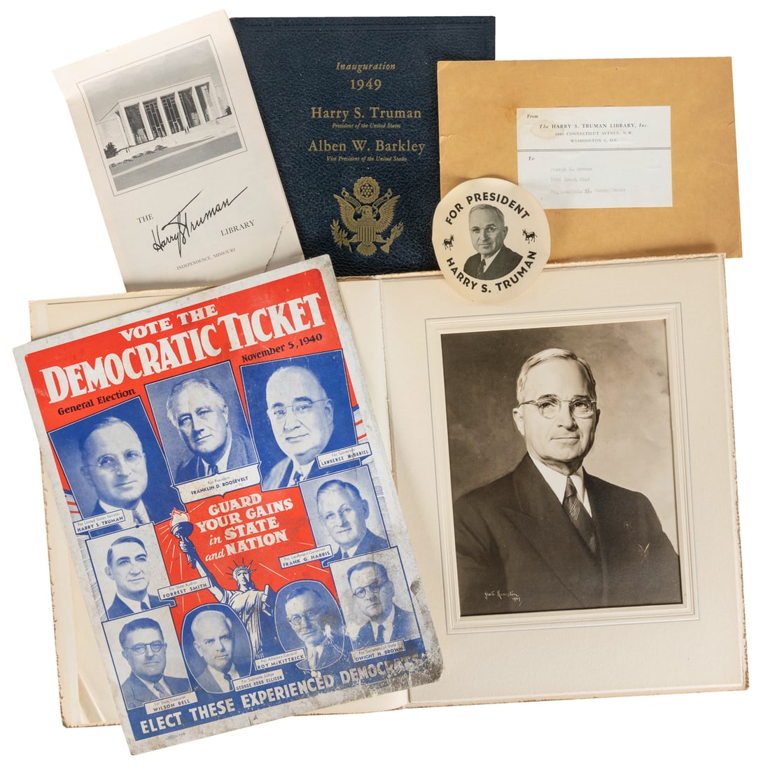 [TRUMAN, Harry S. (1884-1972)]. Collection of Truman epheme...: [TRUMAN, Harry S. (1884-1972)]. Collection of Truman ephemera. A small archive including a “Vote the Democratic Ticket” general election poster from 1940 promoting Truman as United
