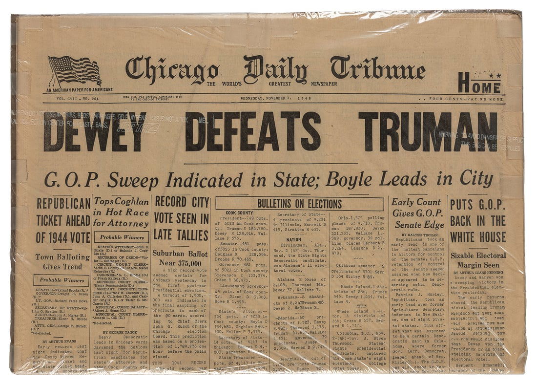 [TRUMAN, Harry S. (1884-1972)]. “Dewey Defeats Truman” and ...: [TRUMAN, Harry S. (1884-1972)]. “Dewey Defeats Truman” and Three Other Truman Related Newspapers. Chicago: Chicago Daily Tribune, November 3, 1948. This early edition newspaper