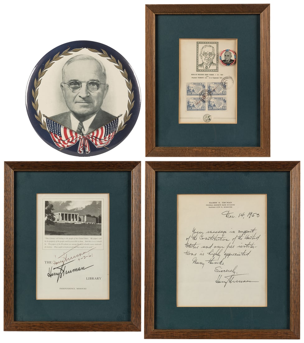 [TRUMAN, Harry S. (1884-1972)]. Two Signed and One Copy Fra...: [TRUMAN, Harry S. (1884-1972)]. Two Signed and One Copy Framed Documents, and a Large Celluloid Button (4). Including four commemorative stamps from Truman’s 1947 visit to Brazil, signed