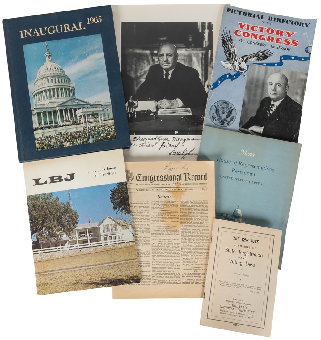 RAYBURN, Sam (1882 – 1961). Collection of ephemera and memo...: RAYBURN, Sam (1882 – 1961). Collection of ephemera and memorabilia. 1940s-60s. Including: an inscribed silver print photograph portrait, “For Edna and Jim Mengers/from their friend/Sam
