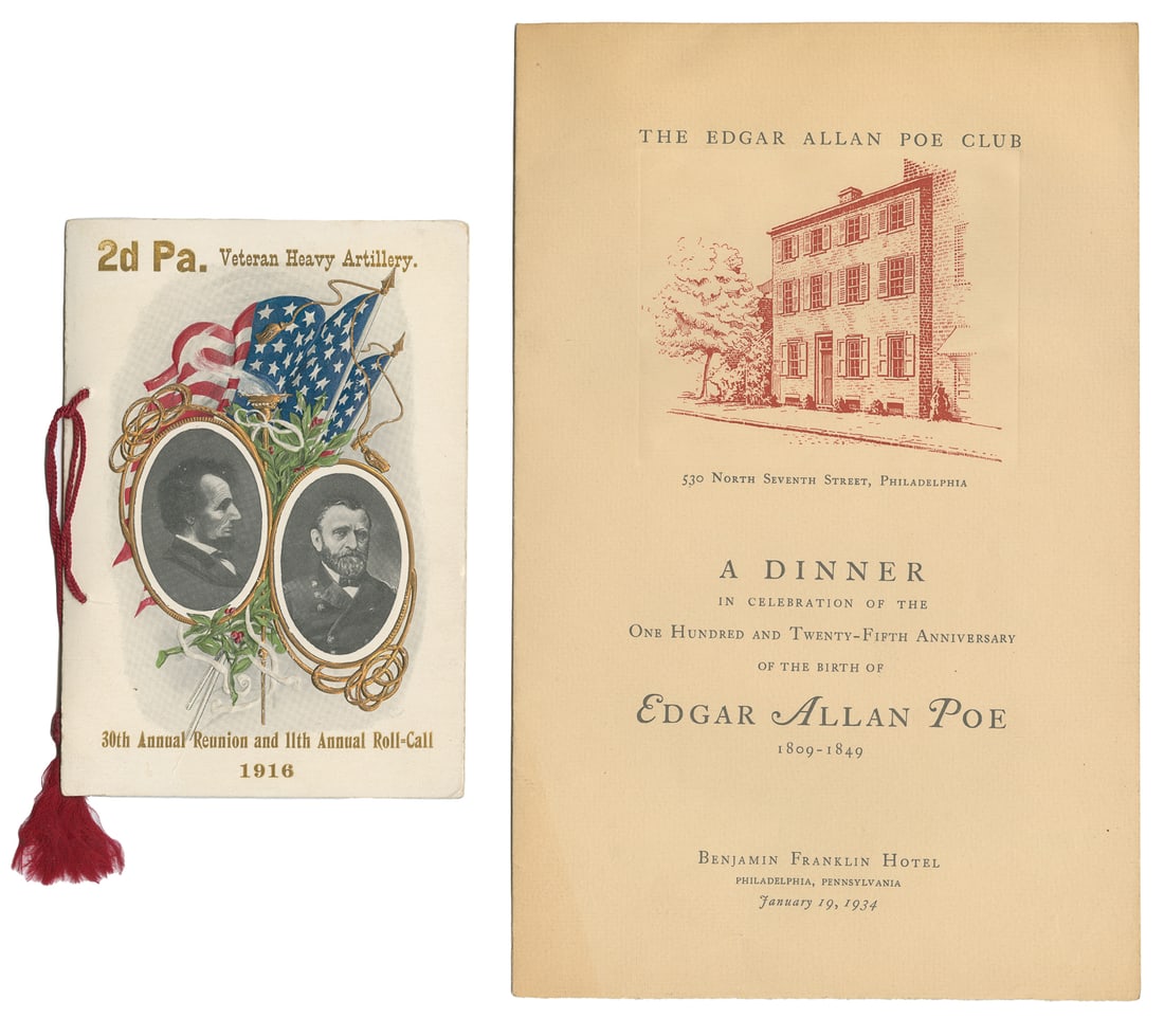 Collection of 26 vintage political menus. Philadelphia, 189...: Collection of 26 vintage political menus. Philadelphia, 1896 – 1934. Several hand-painted or hand-colored. Mostly early Republican party groups. Including a Dinner to Samuel H. Ashbridge at the