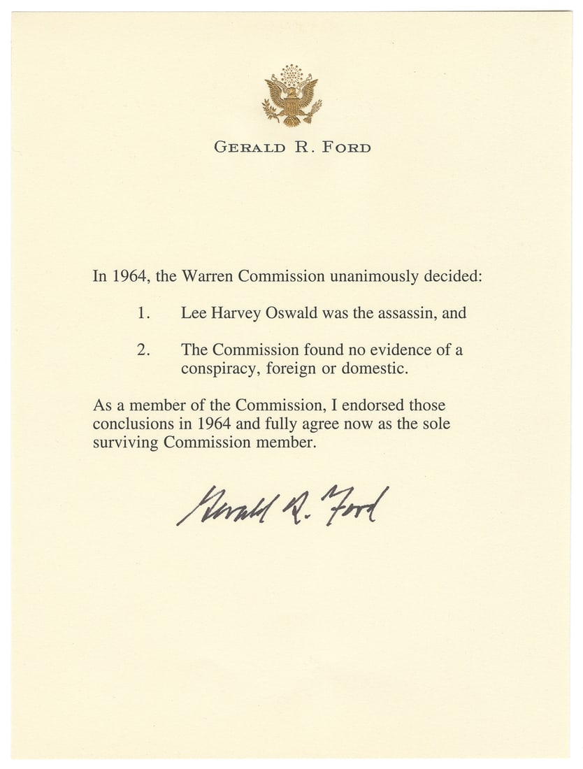 FORD, Gerald. Signed Warren Commission document. On a sheet... (1 of 1)