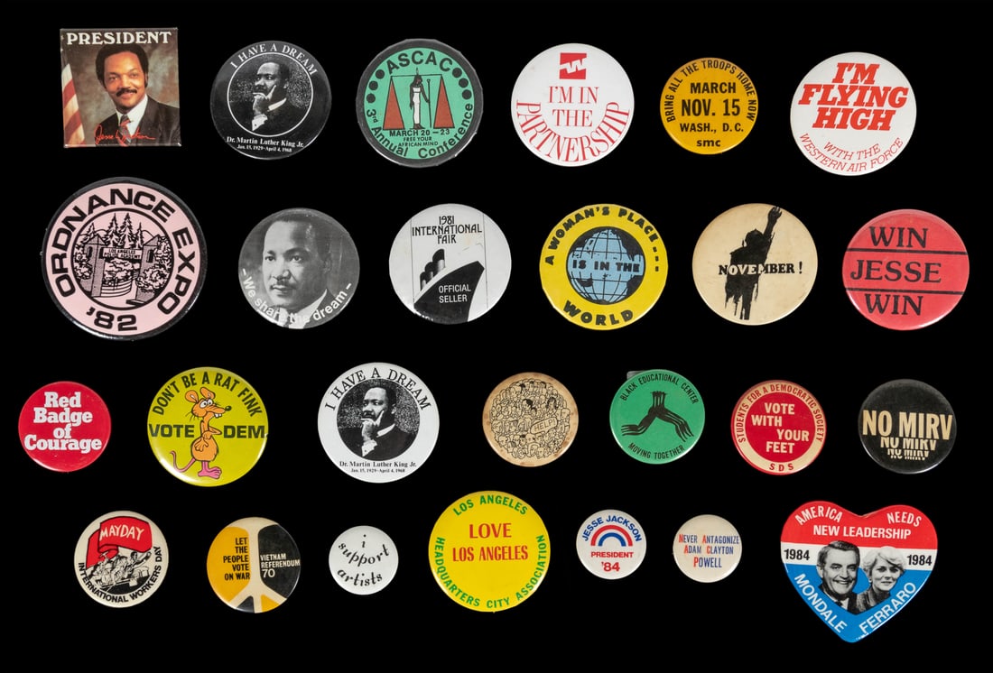 Large group of campaign, political, and protest pins. Circa... (1 of 1)