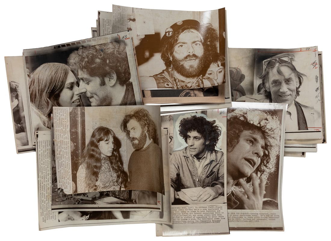 [CHICAGO EIGHT]. Group of 18 press photos. Circa 1969-72. 1...: [CHICAGO EIGHT]. Group of 18 press photos. Circa 1969-72. 18 press photos, and five newsprint copies, of the defendants charged with intent to incite a riot, and attorneys, stemming from anti-Vietnam