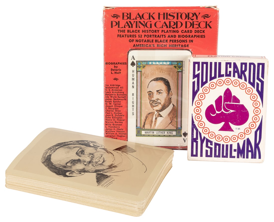 [BLACK HISTORY]. The Black Hist-O-Deck. Cincinnati: Lee Van...: [BLACK HISTORY]. The Black Hist-O-Deck. Cincinnati: Lee Van Mauldin/V.M.E. Graphic Arts Service, 1971. Complete deck (52, joker, and title card), in plain cardstock box (possibly original). Black Hist