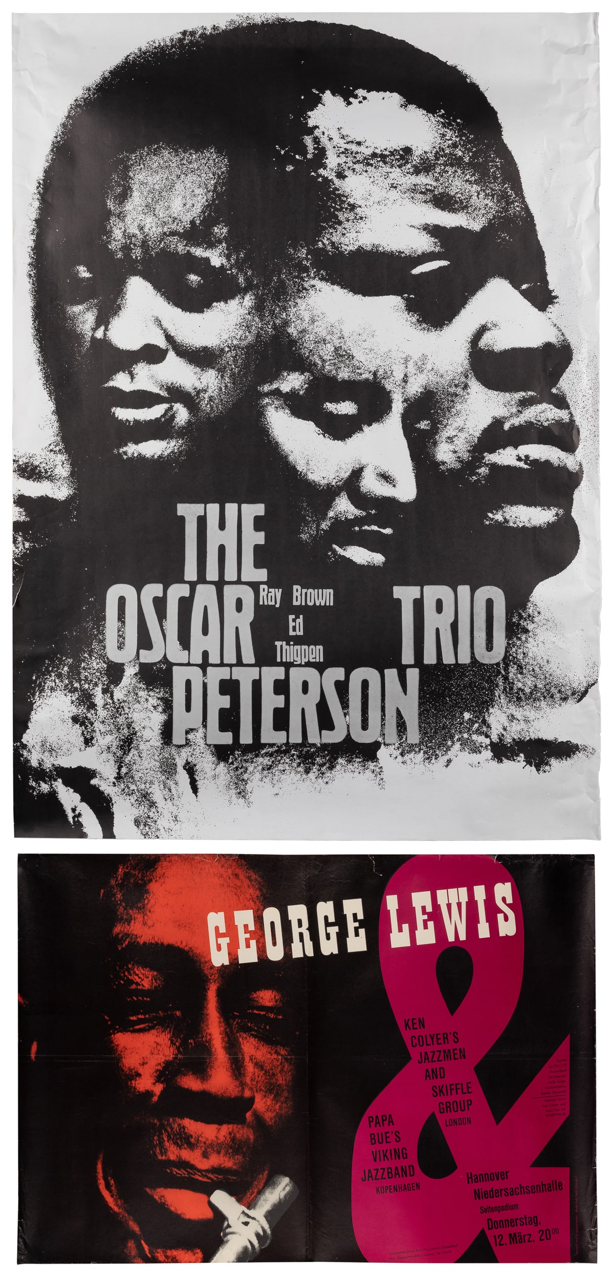 [JAZZ]. Two posters promoting jazz musicians. Including: Ge...: [JAZZ]. Two posters promoting jazz musicians. Including: George Lewis & Ken Colyer’s Jazzmen and Skiffle Group. Dusseldorf: Hub. Hoch, ca. 1960. Concert poster featuring Lewis (1900 – 1968