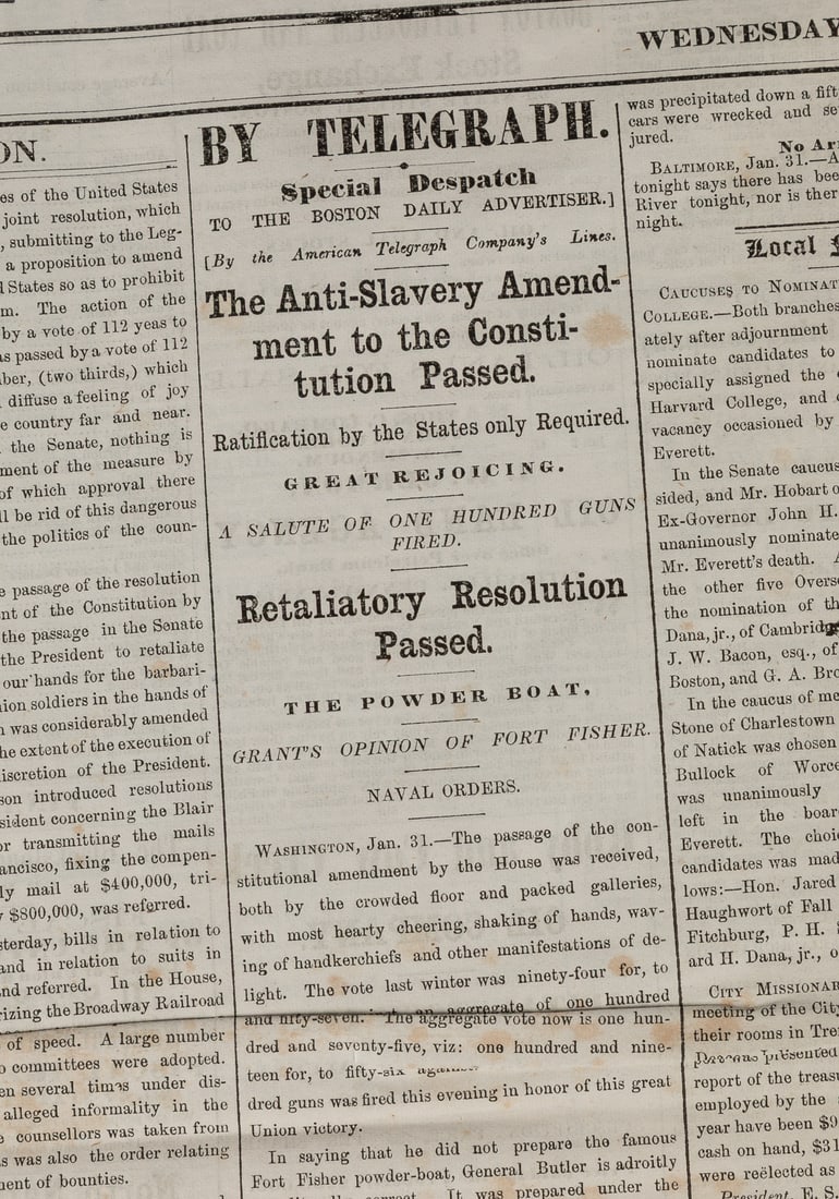 [ABOLITION]. Boston Daily Advertiser reports passage of the... (1 of 2)