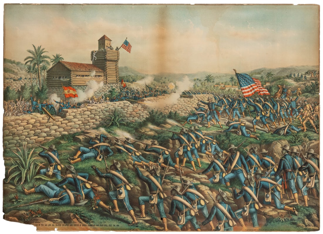 [AFRICAN AMERICAN]. Charge of the 24th and 25th Colored Inf...: [AFRICAN AMERICAN]. Charge of the 24th and 25th Colored Infantry and Rescue of the Rough Riders at San Juan Hill, July 2nd, 1898. Chicago: Kurz & Allison, 1899. Color lithograph. 20 x 28”. Chipp