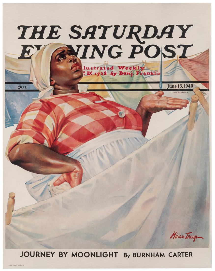 TROOP, Miriam. Saturday Evening Post. “Rain on Laundry Day....: TROOP, Miriam. Saturday Evening Post. “Rain on Laundry Day.” 1940. Newsstand poster. Color offset lithograph. 28 x 22”. Linen backed. Expert over-painting in margins; repaired tears