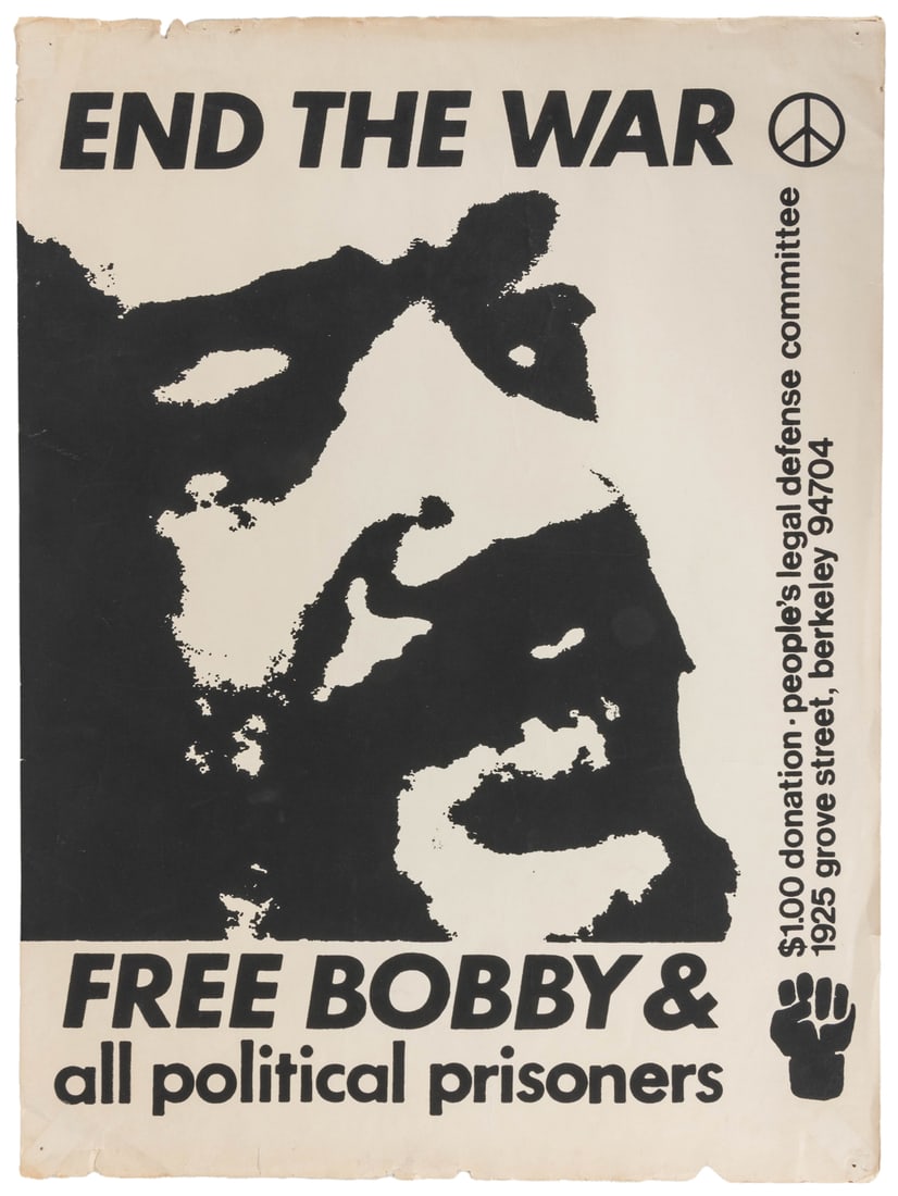 [BLACK PANTHERS]. End the War / Free Bobby & all political ...: [BLACK PANTHERS]. End the War / Free Bobby & all political prisoners. Berkeley: People’s Legal Defense Committee, ca. 1968. Silkscreen. 24 ¾ x 18 ¼”. Tape marks and pinholes to c