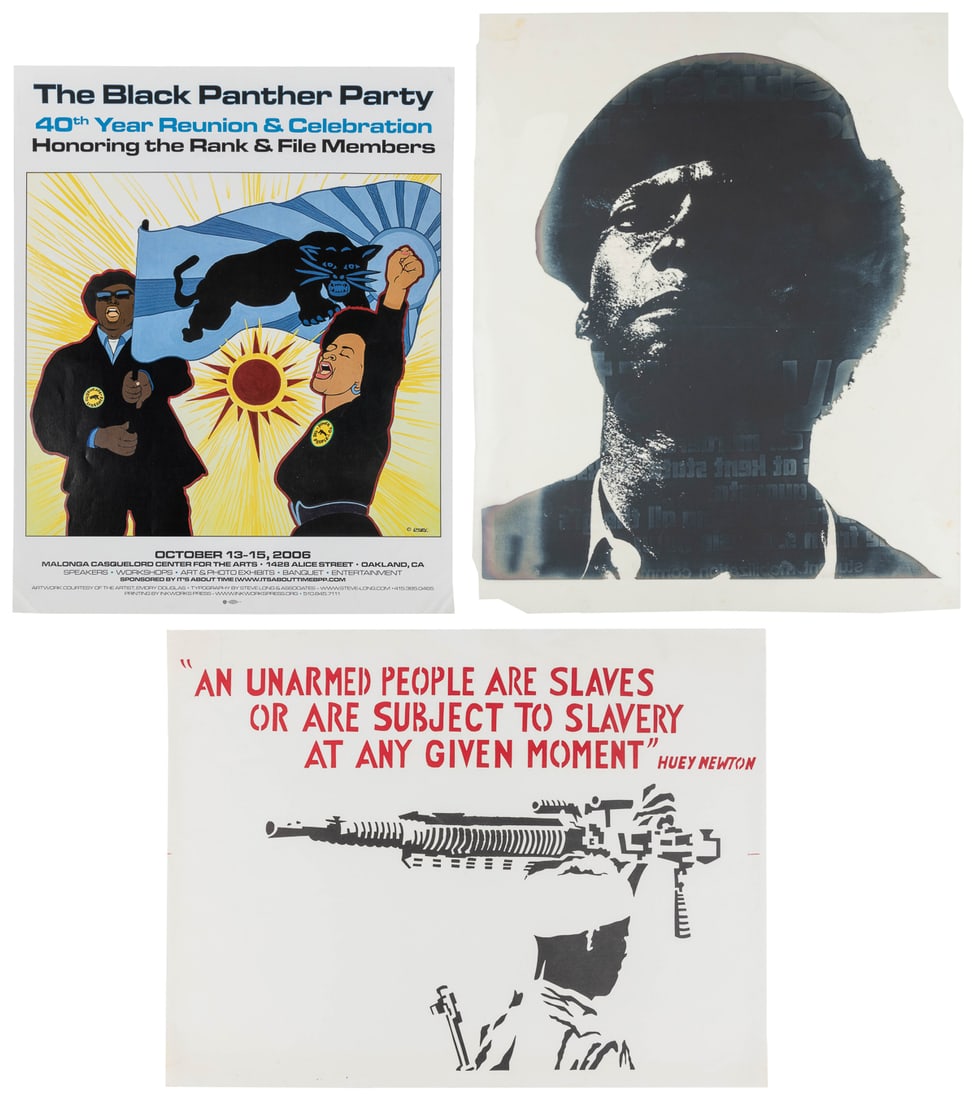 [BLACK PANTHERS]. Group of 3 posters. Including: “An Unarme...: [BLACK PANTHERS]. Group of 3 posters. Including: “An Unarmed People are Slaves or are Subject to Slavery at any Given Moment.” N.p., ca. 1967. Poster with a quotation from Newton in red an