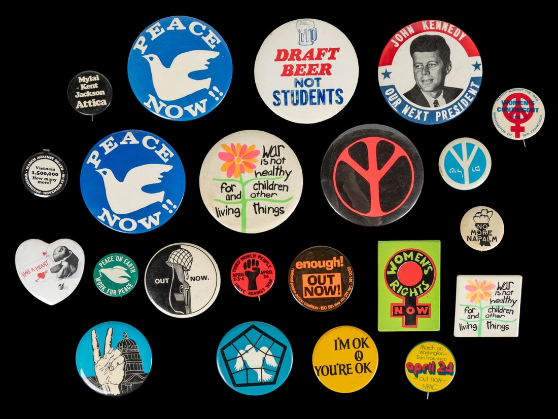 [ANTI-WAR]. Group of pinbacks and buttons. V.p., 1960s-70s.... (1 of 1)