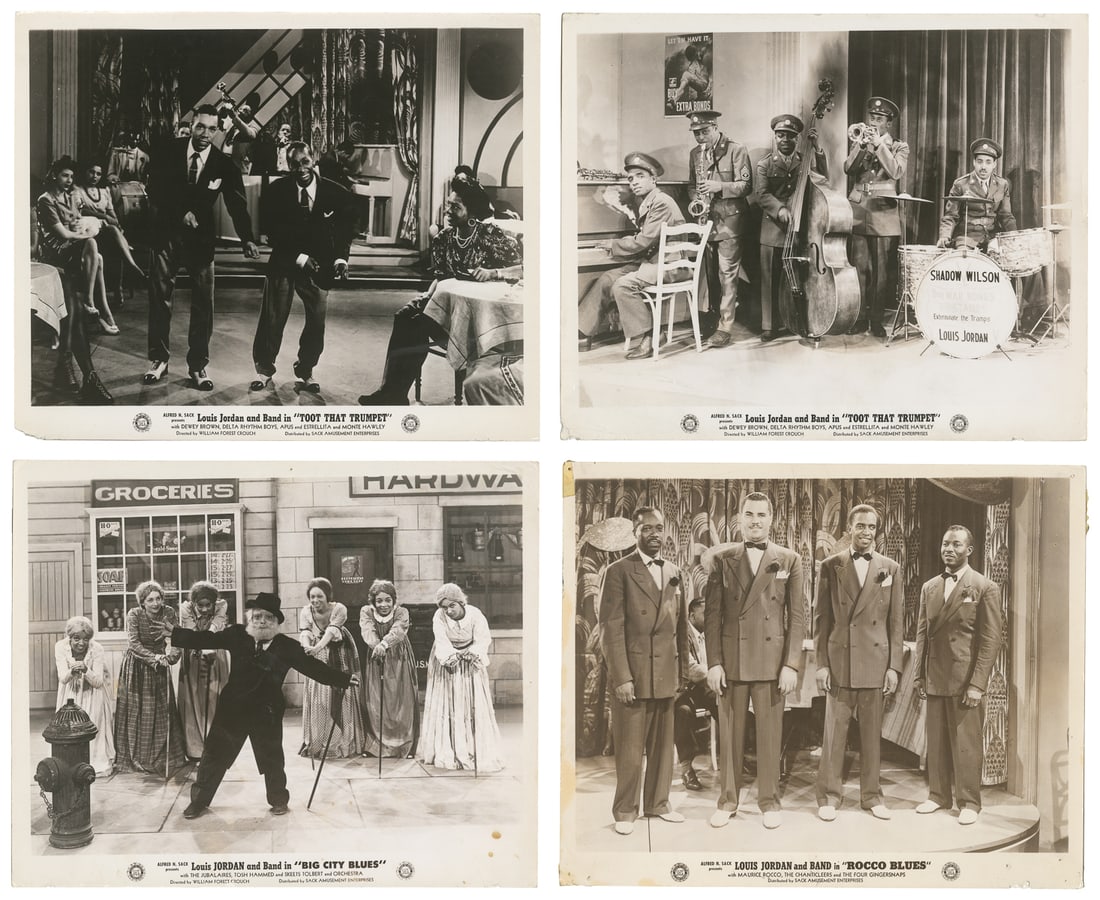 [JORDAN, Louis]. Four stills from musical shorts. Sack Amus...: [JORDAN, Louis]. Four stills from musical shorts. Sack Amusement Enterprises, 1940s. Glossy still photographs from Toot that Trumpet (1943), Rocco Blues (1943), and Big City Blues (1940s). 8 x 10̶