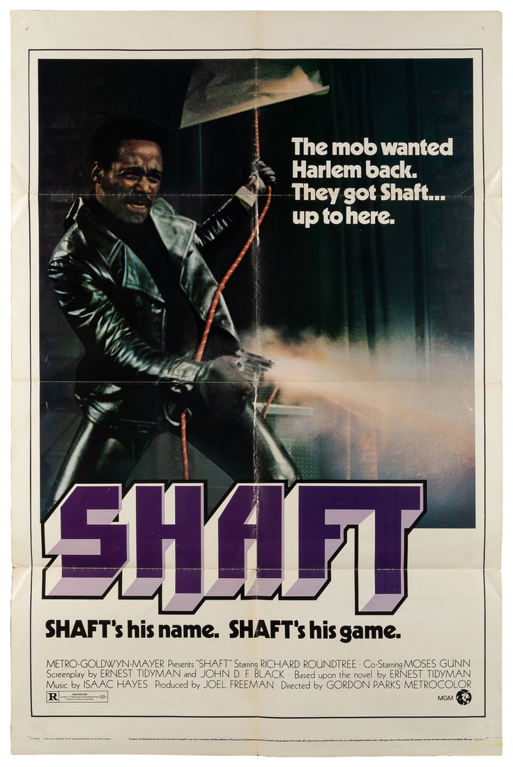 Shaft. MGM, 1971. One-sheet (41 x 27”). Original theatrical...: Shaft. MGM, 1971. One-sheet (41 x 27”). Original theatrical poster for the blaxploitation crime film starring Richard Roundtree. Folded. [With]: Shaft’s Big Score, set of 8 color lobby car