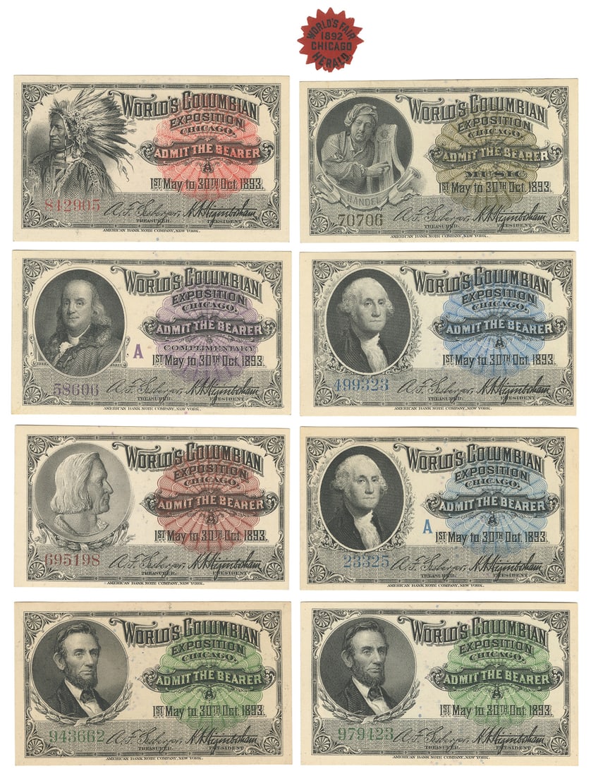 [COLUMBIAN EXPOSITION]. Eight Tickets to the 1893 World’s C...: [COLUMBIAN EXPOSITION]. Eight Tickets to the 1893 World’s Columbian Exposition and a Small 1892 World’s Fair Herald Paper Badge. New York: American Bank Note Company. The eight tickets fea