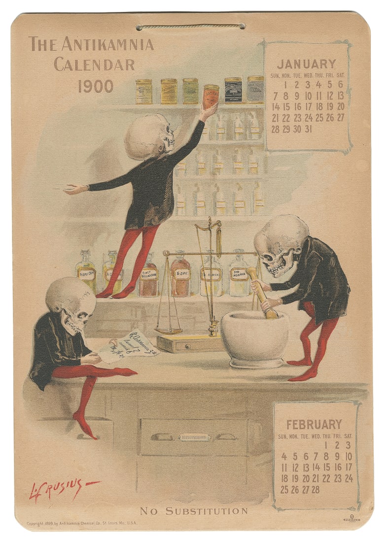 CRUSIUS, Louis (American, 1862 – 1898), The Antikamnia Cale...: CRUSIUS, Louis (American, 1862 – 1898), The Antikamnia Calendar 1900. St. Louis, MO: Antikamnia Chemical Co., 1899. Comprises six full-page chromolithographic illustrations featuring CrusiusR
