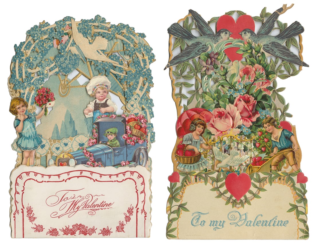 Collection of 21 Vintage Greeting Cards, 9 Large Die Cut. C...: Collection of 21 Vintage Greeting Cards, 9 Large Die Cut. Circa late 19th – early 20th Century. Includes 9 large die-cut Valentine’s Day cards (majority German) and cards for Christmas, Ha